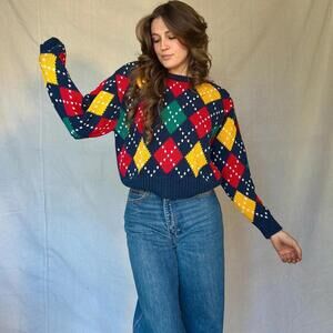 80s Blue Chunky Argyle Sweater